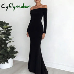 Cyflymder DRESS TO IMPRESS Women’s Dresses All Season French Elegant Plain Long Sleeve Off Shoulder Mermaid Long Party