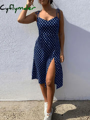 Dresses Sundress Summer Women Causal Polka Dot Sleeveless High Pleated elastic waist V-Neck Beach Dress Vestidos De Verano
