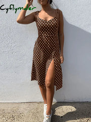 Cyflymder Dresses Sundress Summer Women Causal Polka Dot Sleeveless High Pleated Elastic Waist