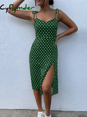 Cyflymder Dresses Sundress Summer Women Causal Polka Dot Sleeveless High Pleated Elastic Waist