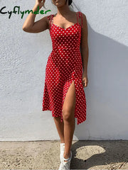 Cyflymder Dresses Sundress Summer Women Causal Polka Dot Sleeveless High Pleated Elastic Waist