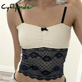 Cyflymder E-Girl Cute Black Mesh Patchwork Crop Tops Bow Spaghetti Strap Camis Women Y2K Fairycore