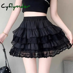 Cyflymder Elastic Gothic Lace Tutu Skirt Women Black Mesh Detail Petticoat Sexy Mini Tulle Skirts Party Club Wear Dancer