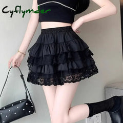 Cyflymder Elastic Gothic Lace Tutu Skirt Women Black Mesh Detail Petticoat Sexy Mini Tulle Skirts Party Club Wear Dancer