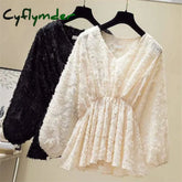 Cyflymder Elegant Casual Sweet V-Neck Fashion Elastic Waist Puff Sleeve Tassel Lace Chiffon Shirt