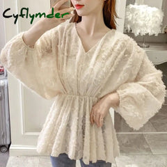 Cyflymder Elegant Casual Sweet V-Neck Fashion Elastic Waist Puff Sleeve Tassel Lace Chiffon Shirt