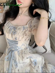 Cyflymder Elegant Chic Women Summer Floral Print Midi Dress Vintage A-Line Casual Party Prom