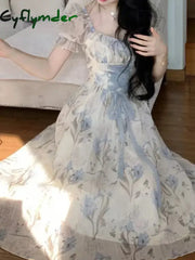 Cyflymder Elegant Chic Women Summer Floral Print Midi Dress Vintage A-Line Casual Party Prom