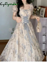 Elegant Chic Women Summer Floral Print Midi Dress Vintage A-Line Casual Party Prom Vestidos Female French Style Robe Vestidos