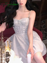 Cyflymder Elegant Evening Party Midi Dress Women Backless France Vintage Sexy Strap Female Bow