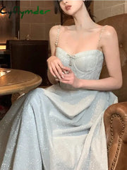 Cyflymder Elegant Evening Party Midi Dress Women Backless France Vintage Sexy Strap Female Bow