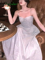 Cyflymder Elegant Evening Party Midi Dress Women Backless France Vintage Sexy Strap Female Bow