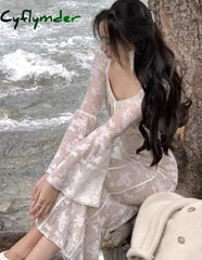 Cyflymder Elegant Flare Sleeve Mermaid Long Dress Spring Summer Slim Wedding Runway Party Lace