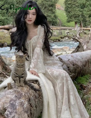 Cyflymder Elegant Flare Sleeve Mermaid Long Dress Spring Summer Slim Wedding Runway Party Lace