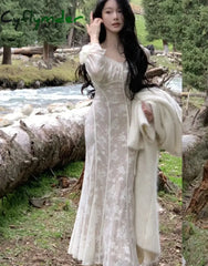 Cyflymder Elegant Flare Sleeve Mermaid Long Dress Spring Summer Slim Wedding Runway Party Lace