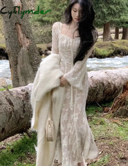 Cyflymder Elegant Flare Sleeve Mermaid Long Dress Spring Summer Slim Wedding Runway Party Lace