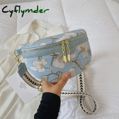 Cyflymder Elegant Flower Printed Pu Leather Waist Bags For Women Chain Zipper Pack Female Fanny