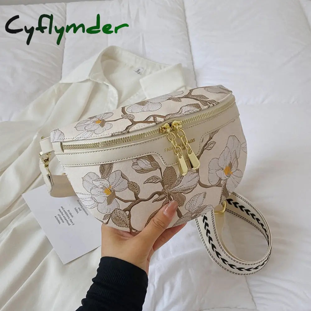 Cyflymder Elegant Flower Printed Pu Leather Waist Bags For Women Chain Zipper Pack Female Fanny