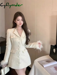 Cyflymder Elegant Fur Patchwork Women Jacket Autumn Single Breasted Turn-down Collar Korean Slim Waist Medium-long Coat