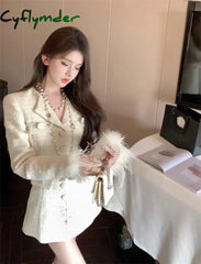 Cyflymder Elegant Fur Patchwork Women Jacket Autumn Single Breasted Turn-down Collar Korean Slim Waist Medium-long Coat