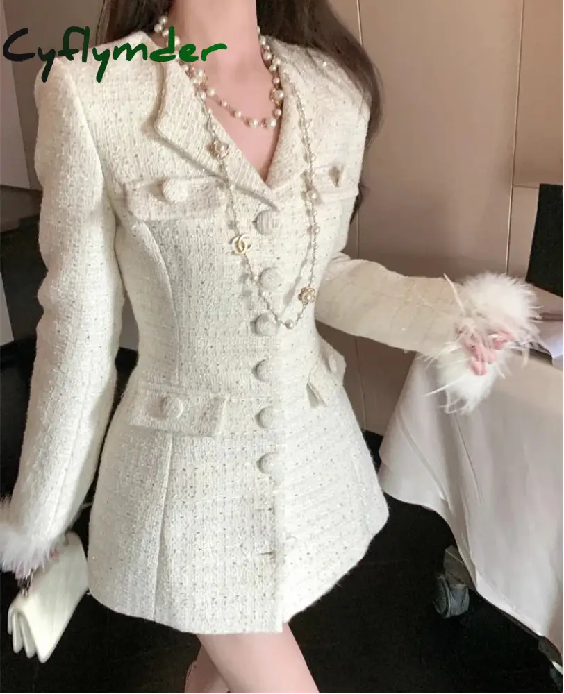 Cyflymder Elegant Fur Patchwork Women Jacket Autumn Single Breasted Turn-down Collar Korean Slim Waist Medium-long Coat