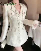 Cyflymder Elegant Fur Patchwork Women Jacket Autumn Single Breasted Turn-down Collar Korean Slim Waist Medium-long Coat