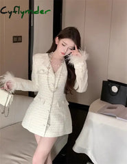 Cyflymder Elegant Fur Patchwork Women Jacket Autumn Single Breasted Turn-down Collar Korean Slim Waist Medium-long Coat
