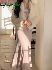 Cyflymder Elegant Halter Midi Dress Women Embroidered Flares Slim Mermaid Autumn Winter French