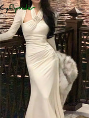 Elegant Halter Midi Dress Women Embroidered Flares Slim Mermaid Autumn Winter French Vintage Evening Party Wedding Vestido Mujer