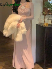 Elegant Halter Midi Dress Women Embroidered Flares Slim Mermaid Autumn Winter French Vintage Evening Party Wedding Vestido Mujer