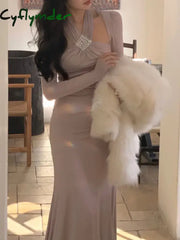 Cyflymder Elegant Halter Midi Dress Women Embroidered Flares Slim Mermaid Autumn Winter French