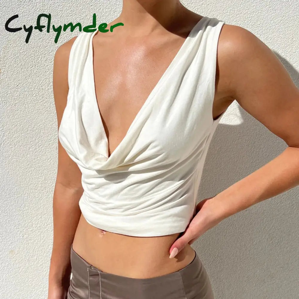Cyflymder Elegant Lady Cowl Neck Draped Crop Top Chic Women Sexy Open Back Tank Tops Summer Slim