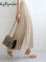 Cyflymder Elegant Long Pleated Skirt Women Spring Autumn Solid Elastic Waist A-Line Slim Luxury