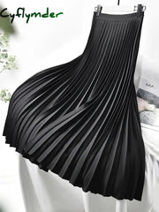 Cyflymder Elegant Long Pleated Skirt Women Spring Autumn Solid Elastic Waist A-Line Slim Luxury