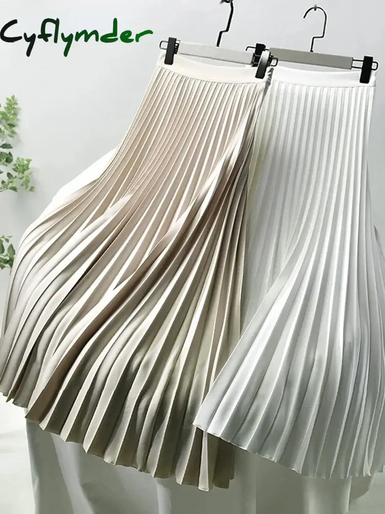 Cyflymder Elegant Long Pleated Skirt Women Spring Autumn Solid Elastic Waist A-Line Slim Luxury