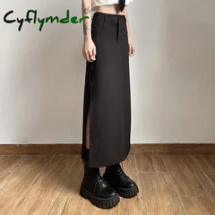 Cyflymder Elegant Mall Gothic Trumpet Women Midi Skirts Grunge High Waist Split Sexy Club Long Skirt Slim Party