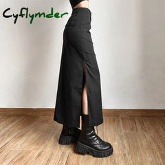 Cyflymder Elegant Mall Gothic Trumpet Women Midi Skirts Grunge High Waist Split Sexy Club Long Skirt Slim Party