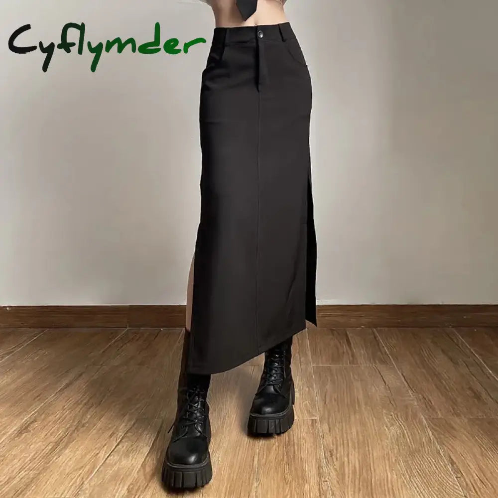 Cyflymder Elegant Mall Gothic Trumpet Women Midi Skirts Grunge High Waist Split Sexy Club Long Skirt Slim Party