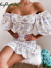 Cyflymder Elegant Off The Shoulder Bodycon Dress Women Short Sleeve Mini Summer Fashion Dresses