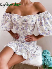 Cyflymder Elegant Off The Shoulder Bodycon Dress Women Short Sleeve Mini Summer Fashion Dresses