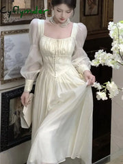 Cyflymder Elegant Princess Party Dress Women High Waist A-line Lace Up Autumn Spring French Vintage Prom Robe One Piece