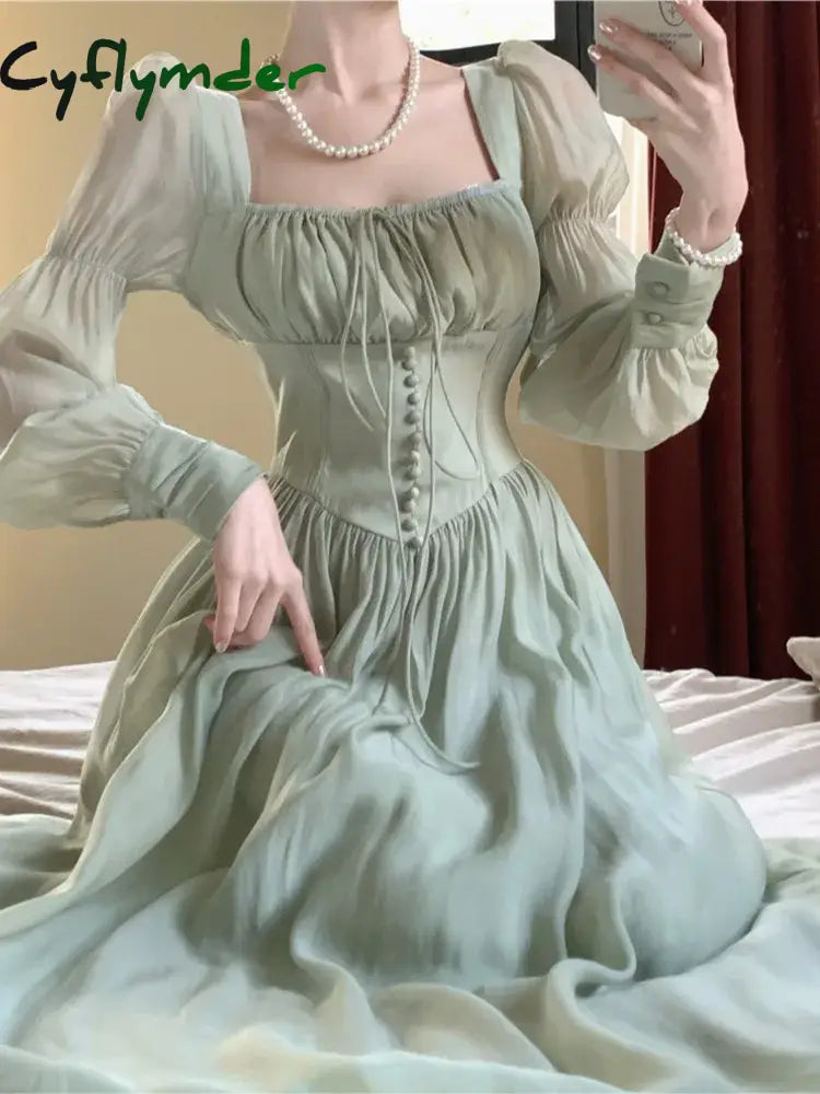 Cyflymder Elegant Princess Party Dress Women High Waist A-line Lace Up Autumn Spring French Vintage Prom Robe One Piece