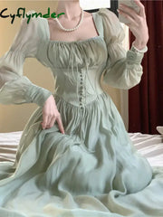 Cyflymder Elegant Princess Party Dress Women High Waist A-line Lace Up Autumn Spring French Vintage Prom Robe One Piece