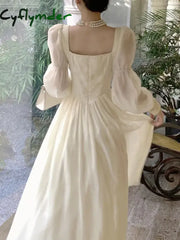 Cyflymder Elegant Princess Party Dress Women High Waist A-line Lace Up Autumn Spring French Vintage Prom Robe One Piece