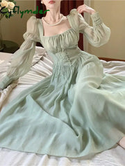 Cyflymder Elegant Princess Party Dress Women High Waist A-line Lace Up Autumn Spring French Vintage Prom Robe One Piece