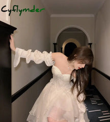 Cyflymder Elegant Ruffles Chic Fairy Dress Women White Sweet Korean Style Princess Female Summer