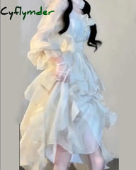 Cyflymder Elegant Solid Ruffles Fairy Dresses Korean Fashion Slim Wasit A Line Midi Dress Spring