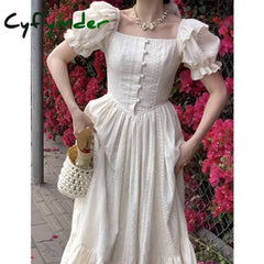 Cyflymder Elegant Square Collar White Dress Summer Fashion Puff Sleeve Ruffle For Women 2024 Chic