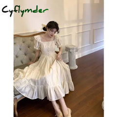Cyflymder Elegant Square Collar White Dress Summer Fashion Puff Sleeve Ruffle For Women 2024 Chic