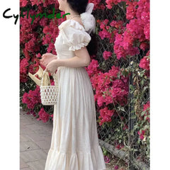Cyflymder Elegant Square Collar White Dress Summer Fashion Puff Sleeve Ruffle For Women 2024 Chic